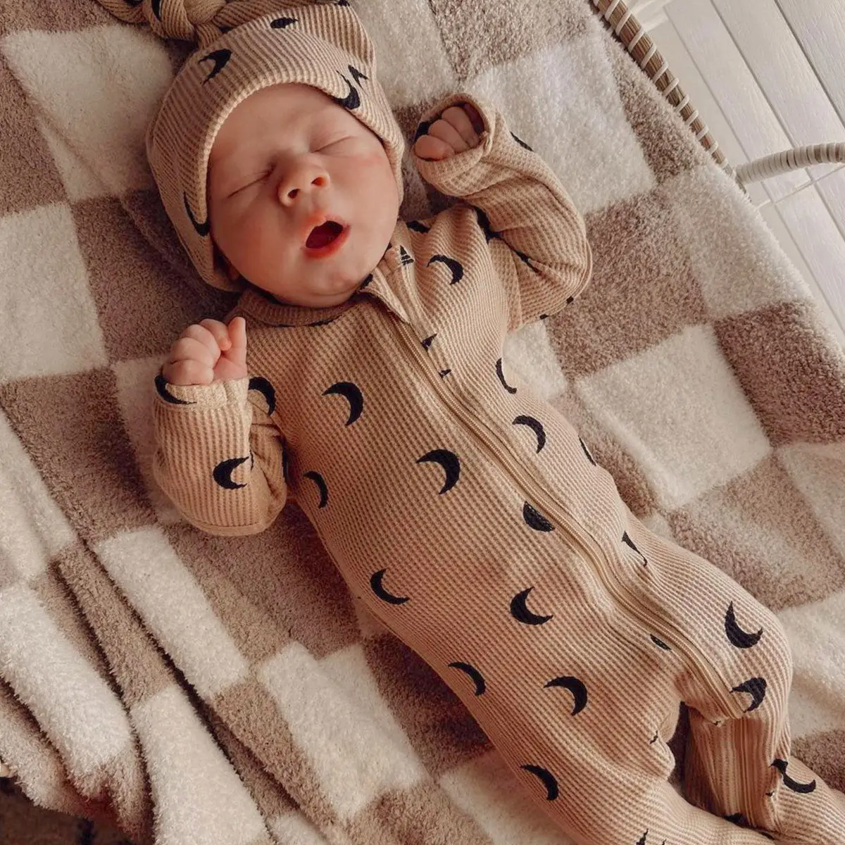 Tan Black Moon Waffle Romper - Spearmint