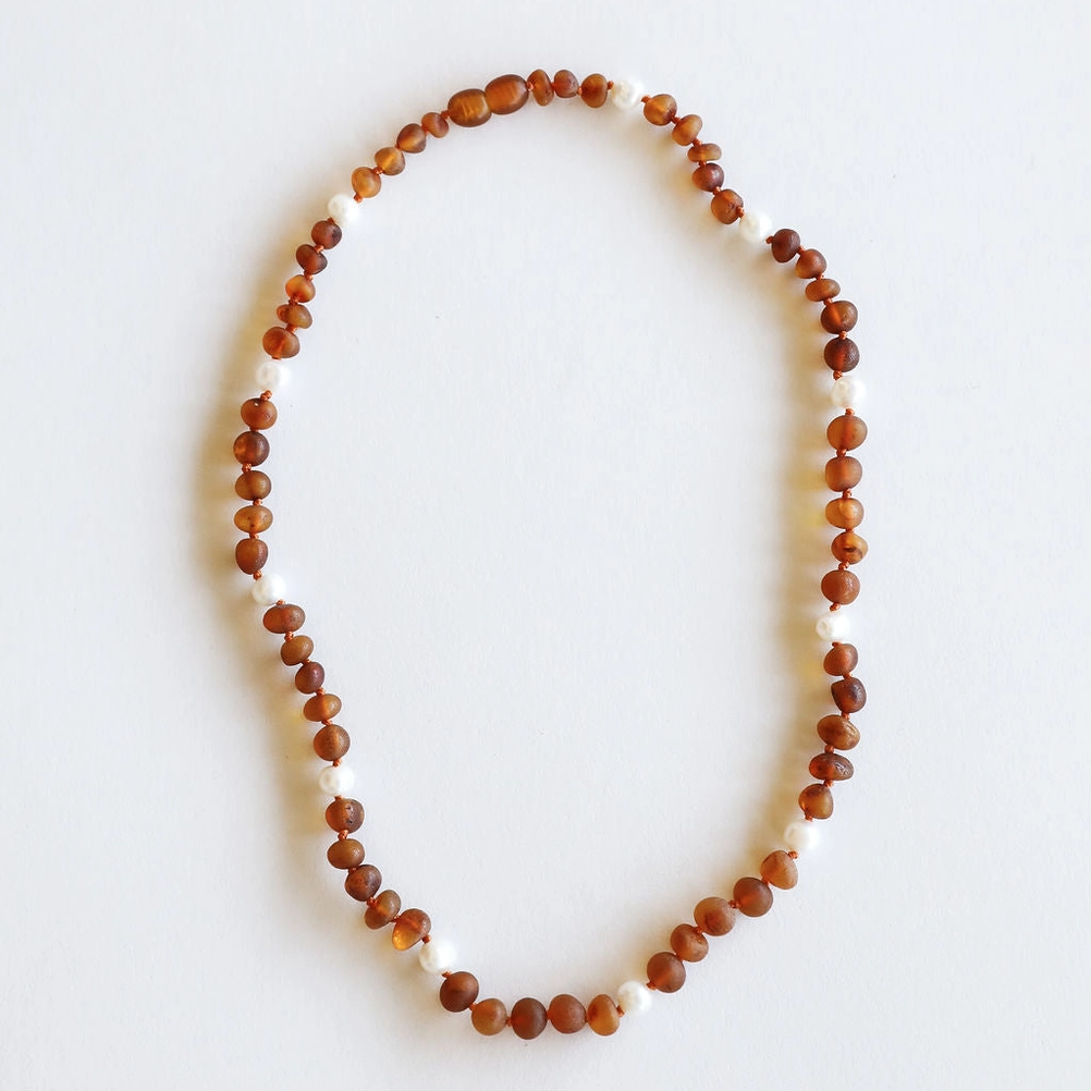 Raw Cognac Baltic Amber + Pearl Necklace - CanyonLeaf