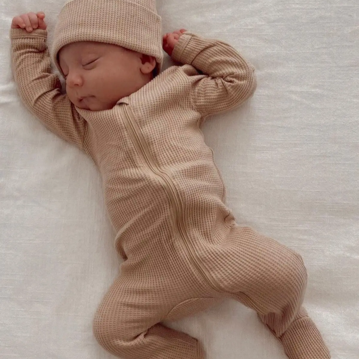 Tan Waffle Romper - Spearmint