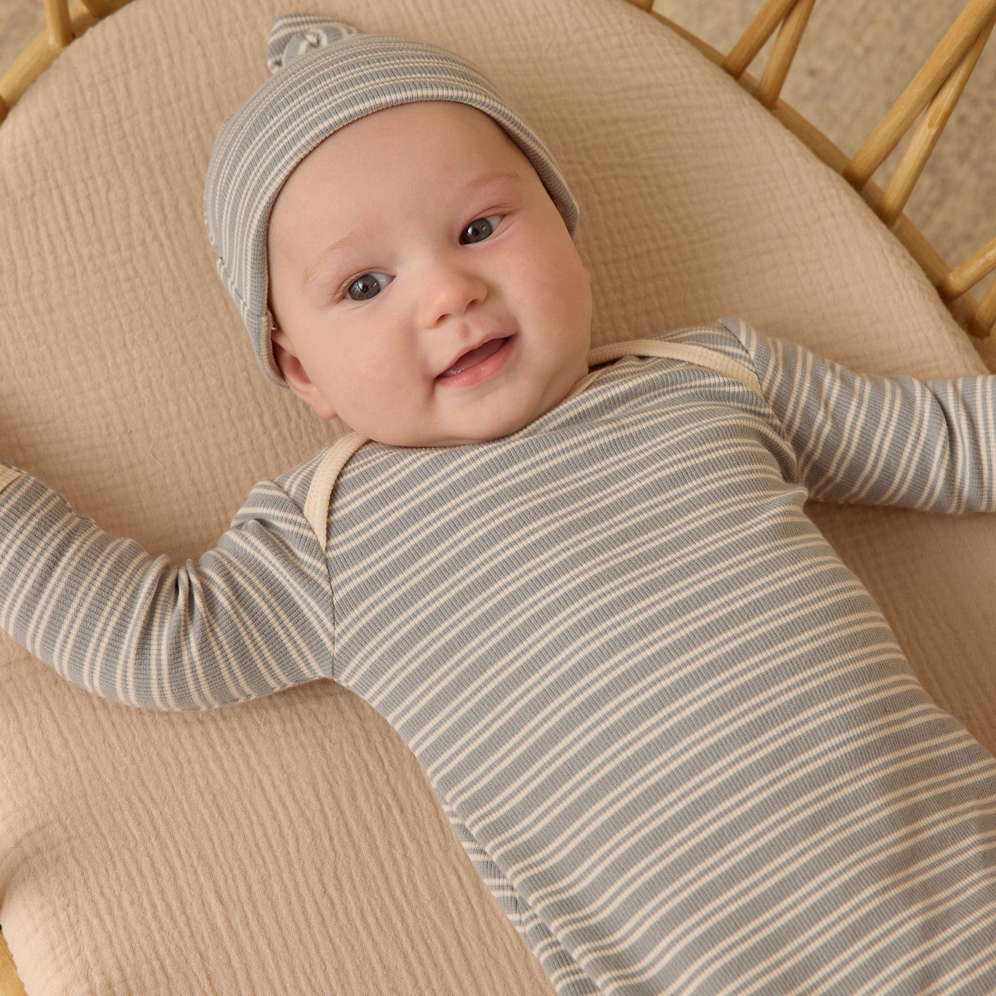 Steel Blue Micro Stripe Knotted Gown + Hat Set - Quincy Mae