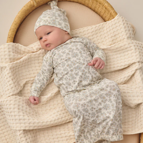 Blue Floral Bamboo Gown + Hat - Quincy Mae
