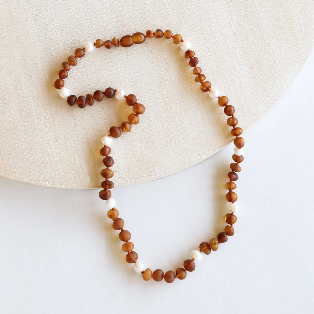Raw Cognac Baltic Amber + Pearl Necklace - CanyonLeaf