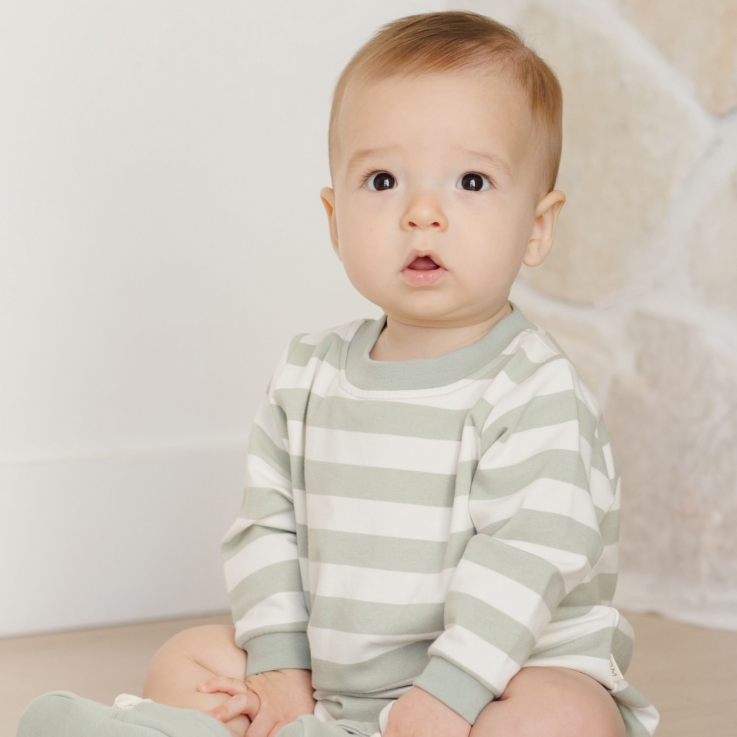 Sage Stripe Crewneck Bubble Romper - Quincy Mae