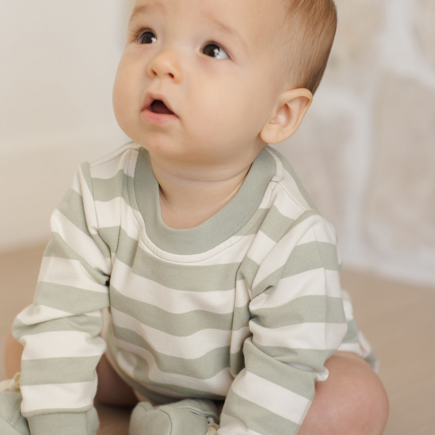 Sage Stripe Crewneck Bubble Romper - Quincy Mae