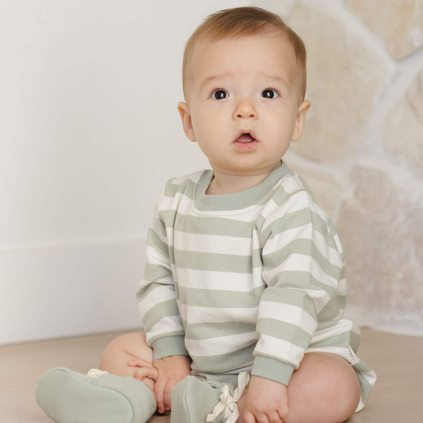 Sage Stripe Crewneck Bubble Romper - Quincy Mae