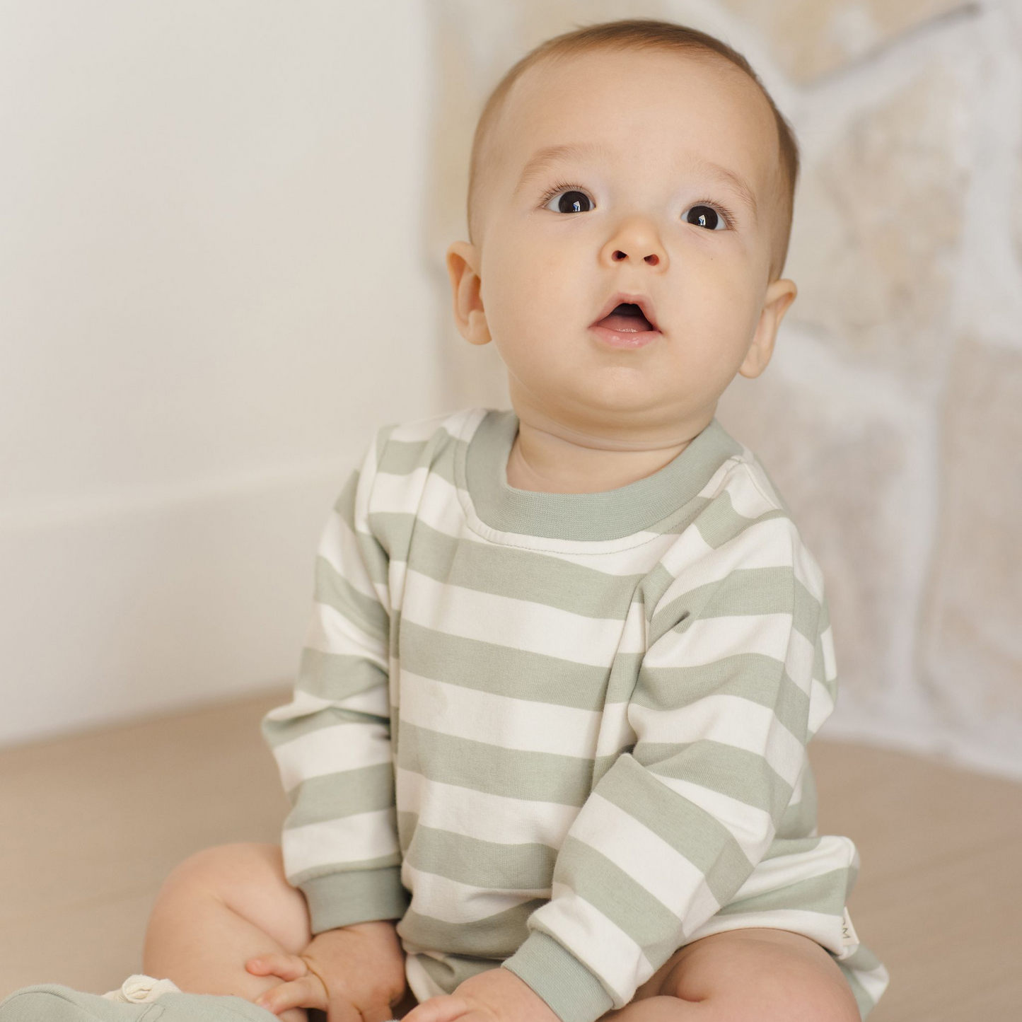 Sage Stripe Crewneck Bubble Romper - Quincy Mae