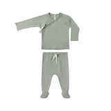 Fern green baby outfit with long-sleeve top and pants on a white background
