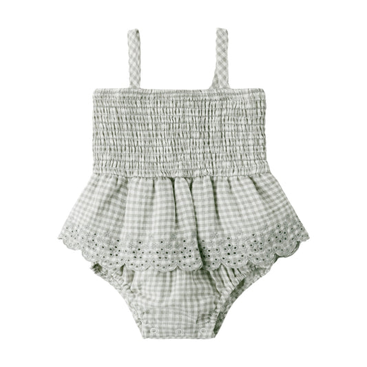 Sage Gingham Smocked Skirted Romper - Quincy Mae
