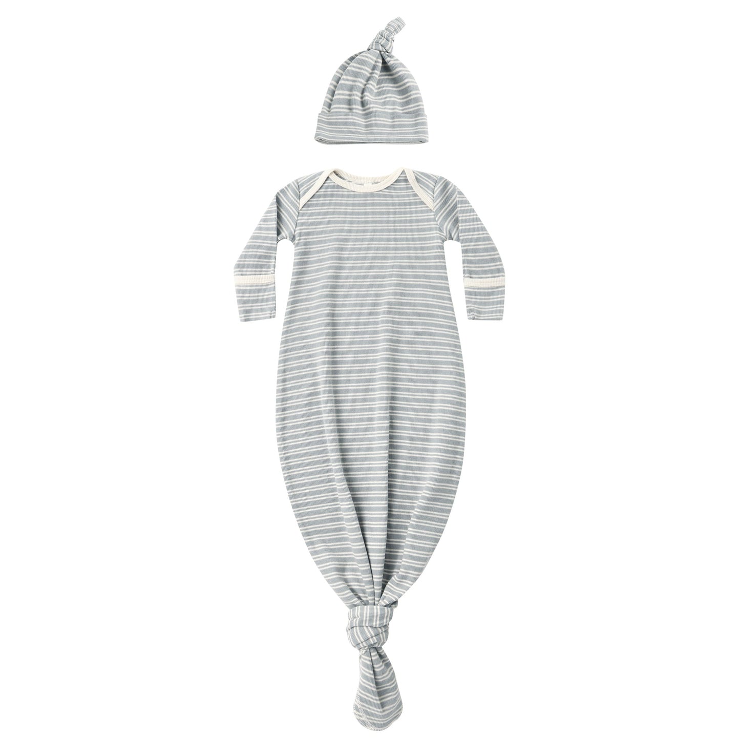 Steel Blue Micro Stripe Knotted Gown + Hat Set - Quincy Mae