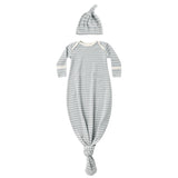 Steel Blue Micro Stripe Knotted Gown + Hat Set - Quincy Mae