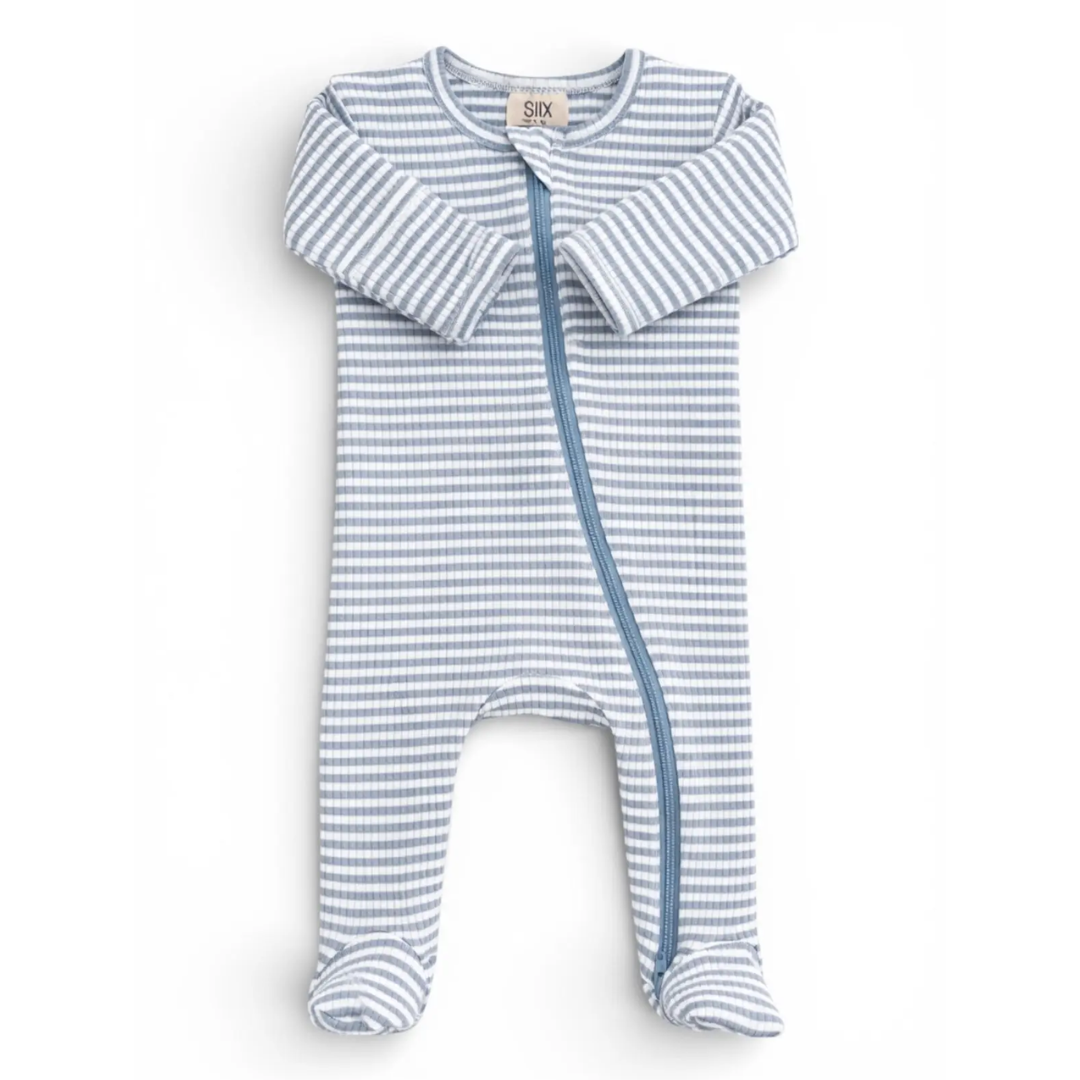 Dusty Blue Striped Ribbed Footie - SIIX Collection
