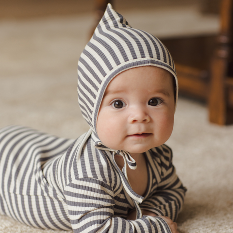 Indigo Stripe Ribbed Pixie Bonnet - Quincy Mae