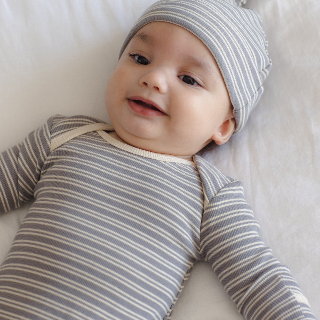 Slate Microstripe Knotted Gown + Hat Set - Quincy Mae