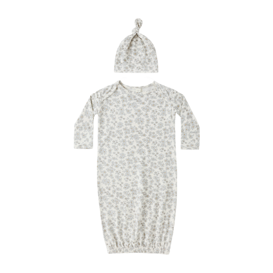 Blue Floral Bamboo Gown + Hat - Quincy Mae