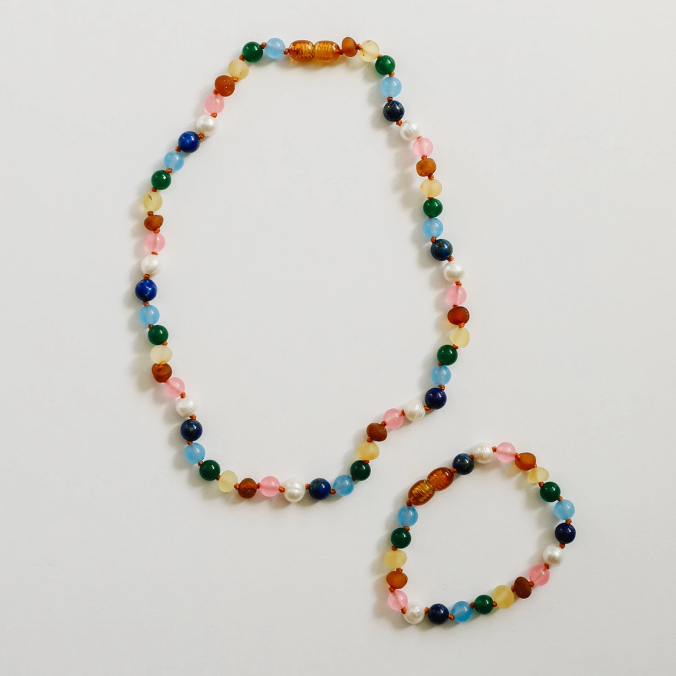 Raw Baltic Amber and Pearl Necklace + Sweet Pink Gemstones - CanyonLeaf