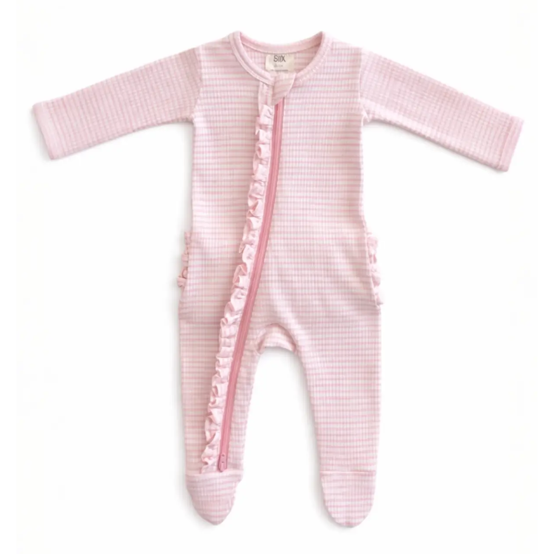 Pink Stripe Ribbed Frill Footie - SIIX Collection