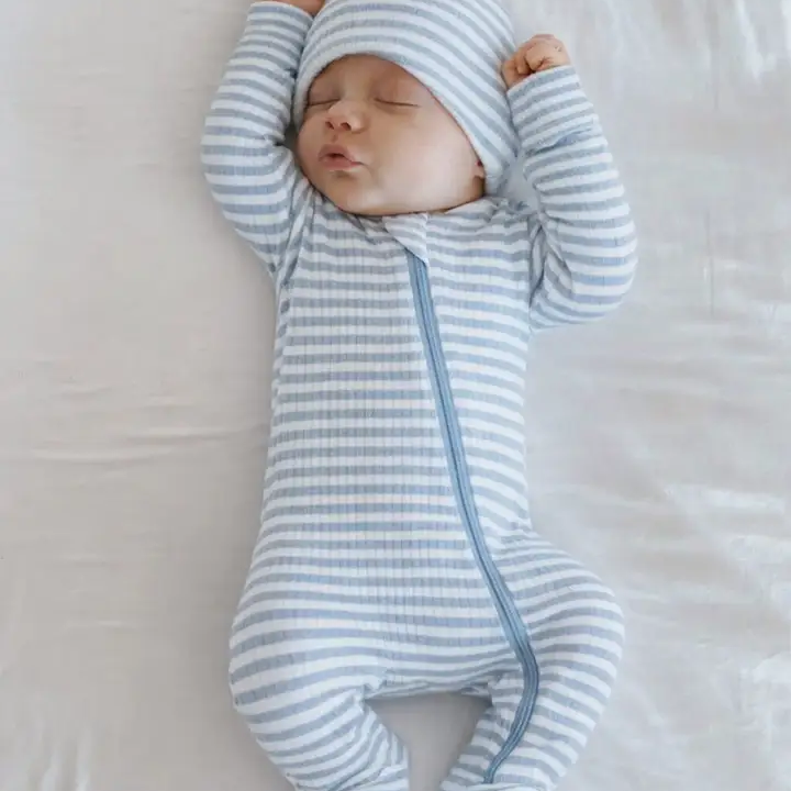 Dusty Blue Striped Ribbed Footie - SIIX Collection