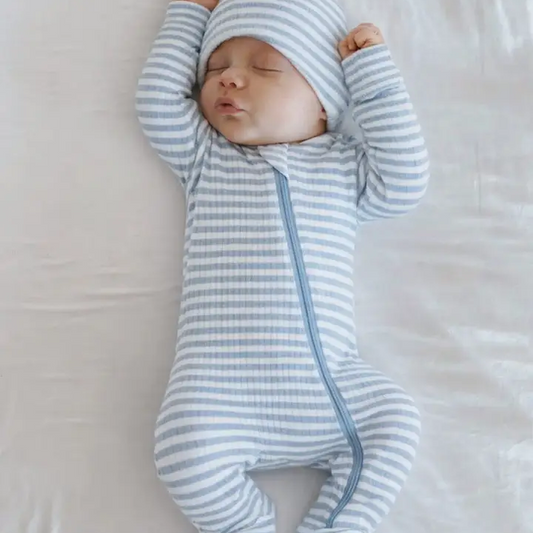 Dusty Blue Striped Ribbed Footie - SIIX Collection