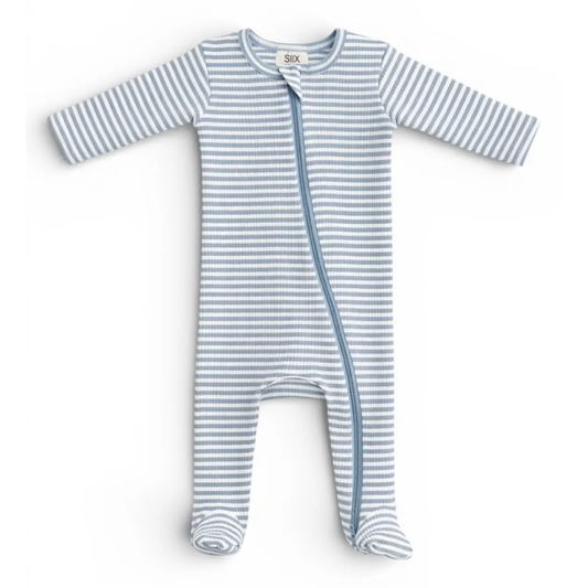 Dusty Blue Striped Ribbed Footie - SIIX Collection