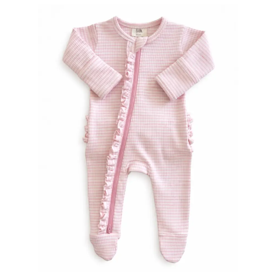 Pink Stripe Ribbed Frill Footie - SIIX Collection