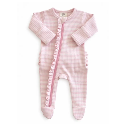 Pink Stripe Ribbed Frill Footie - SIIX Collection
