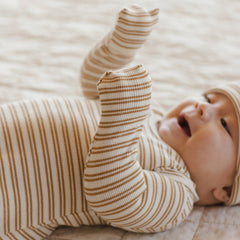 Golden Stripe Knotted Baby Gown + Hat - Quincy Mae