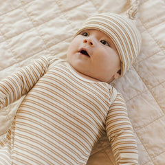 Golden Stripe Knotted Baby Gown + Hat - Quincy Mae