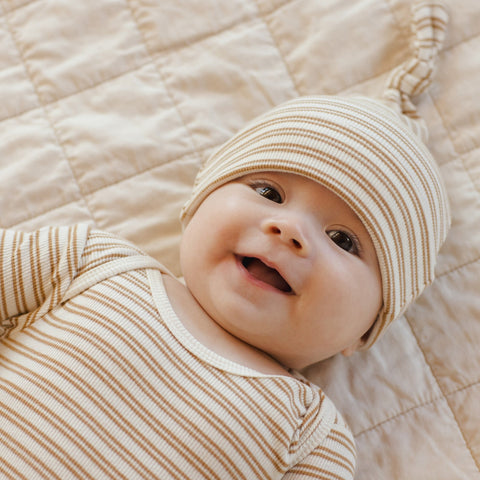 Golden Stripe Knotted Baby Gown + Hat - Quincy Mae