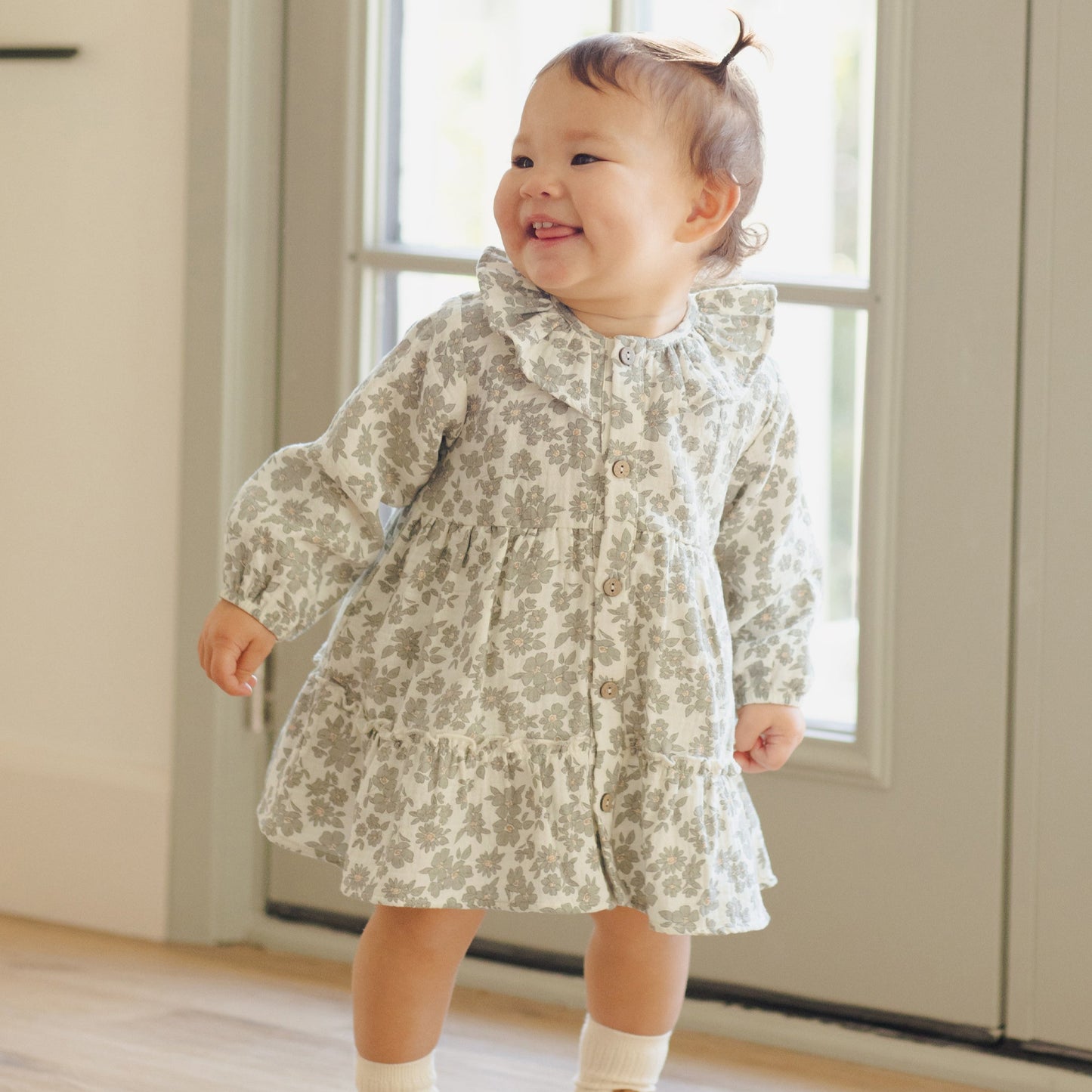 Green Floral Ruffle Collar Button Dress - Quincy Mae