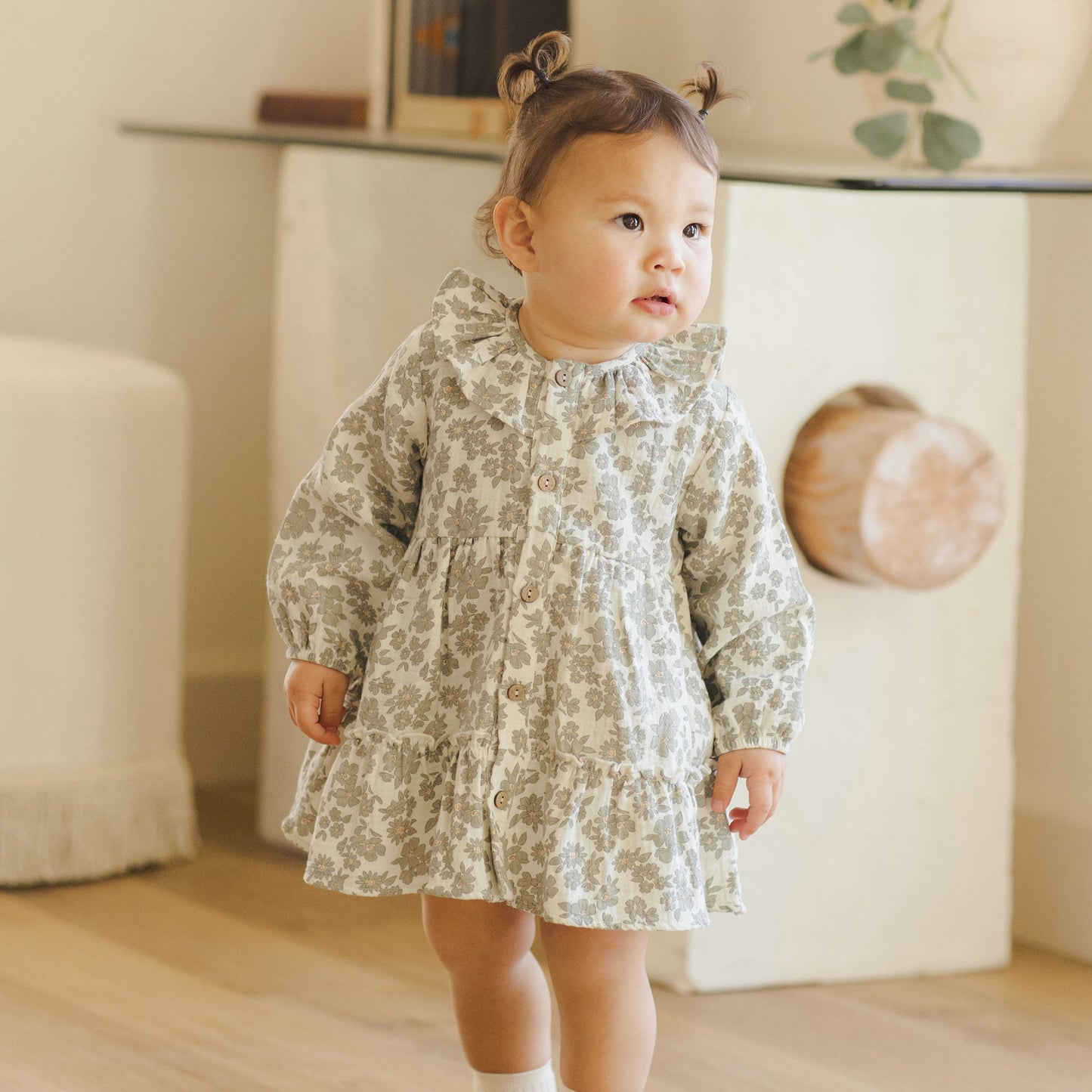 Green Floral Ruffle Collar Button Dress - Quincy Mae