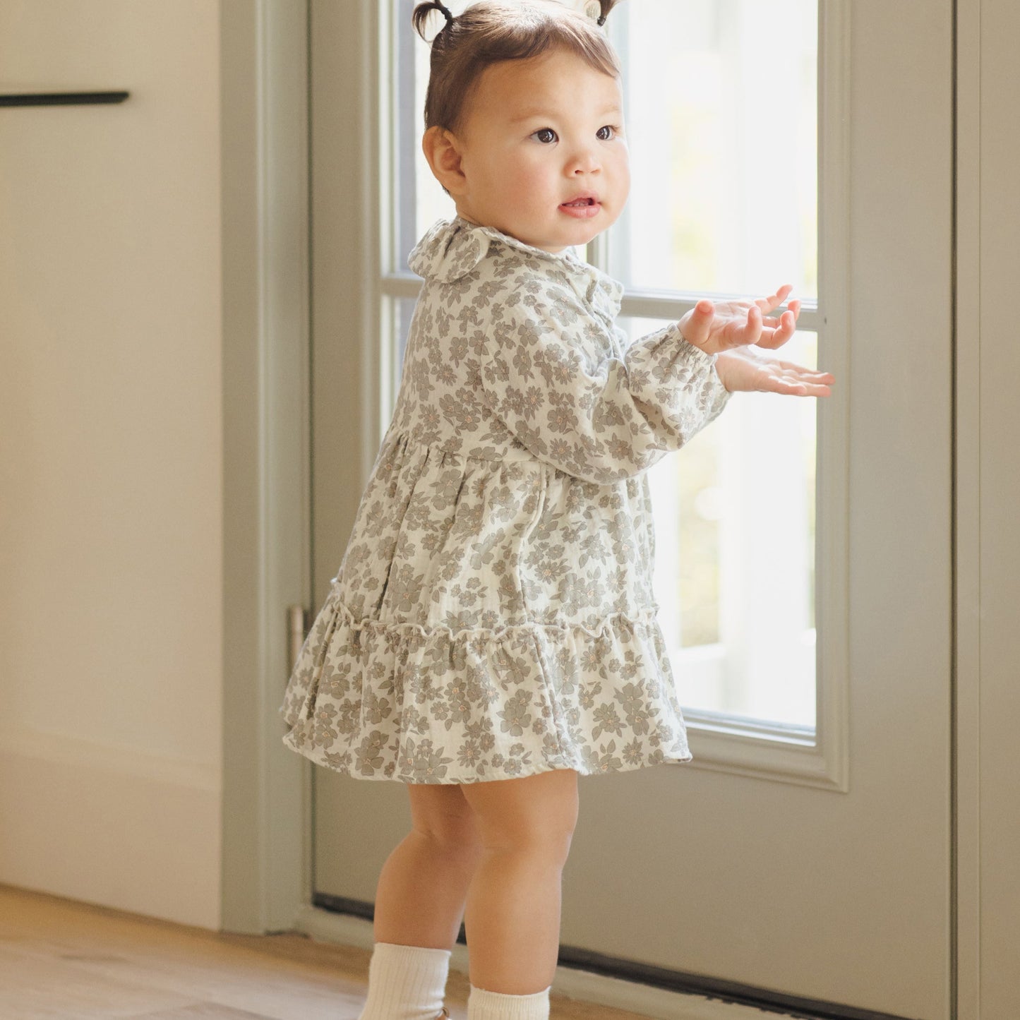 Green Floral Ruffle Collar Button Dress - Quincy Mae