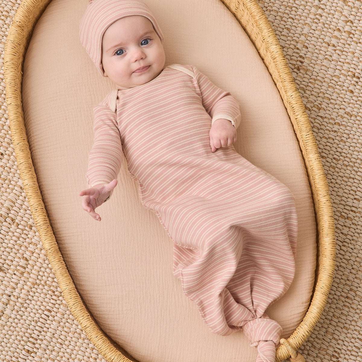Dusty Rose Microstripe Knotted Gown + Hat Set - Quincy Mae