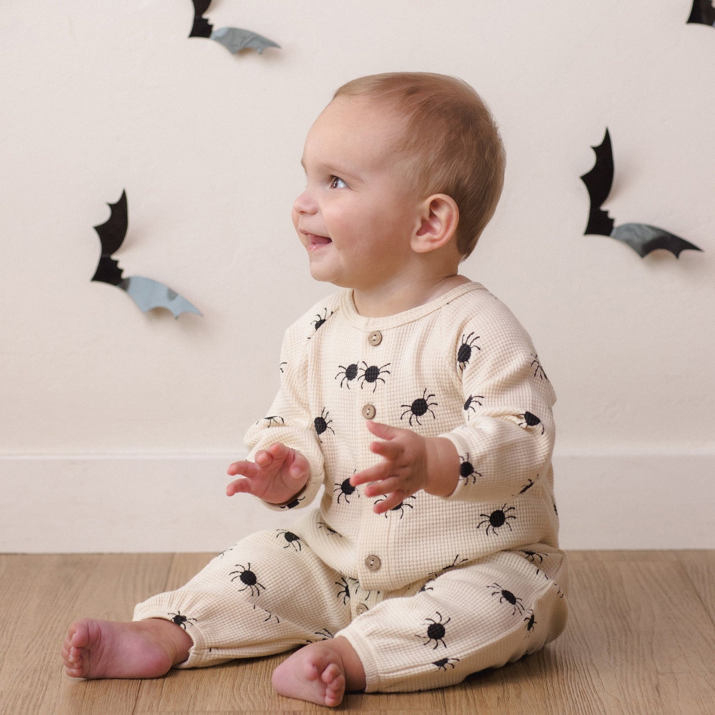Bitsy Spider Waffle Long Sleeve Jumpsuit - Quincy Mae