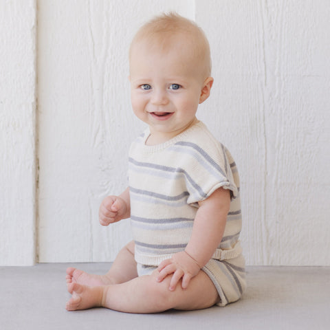 Blue Stripe Relaxed Summer Knit Tee + Short Set - Quincy Mae