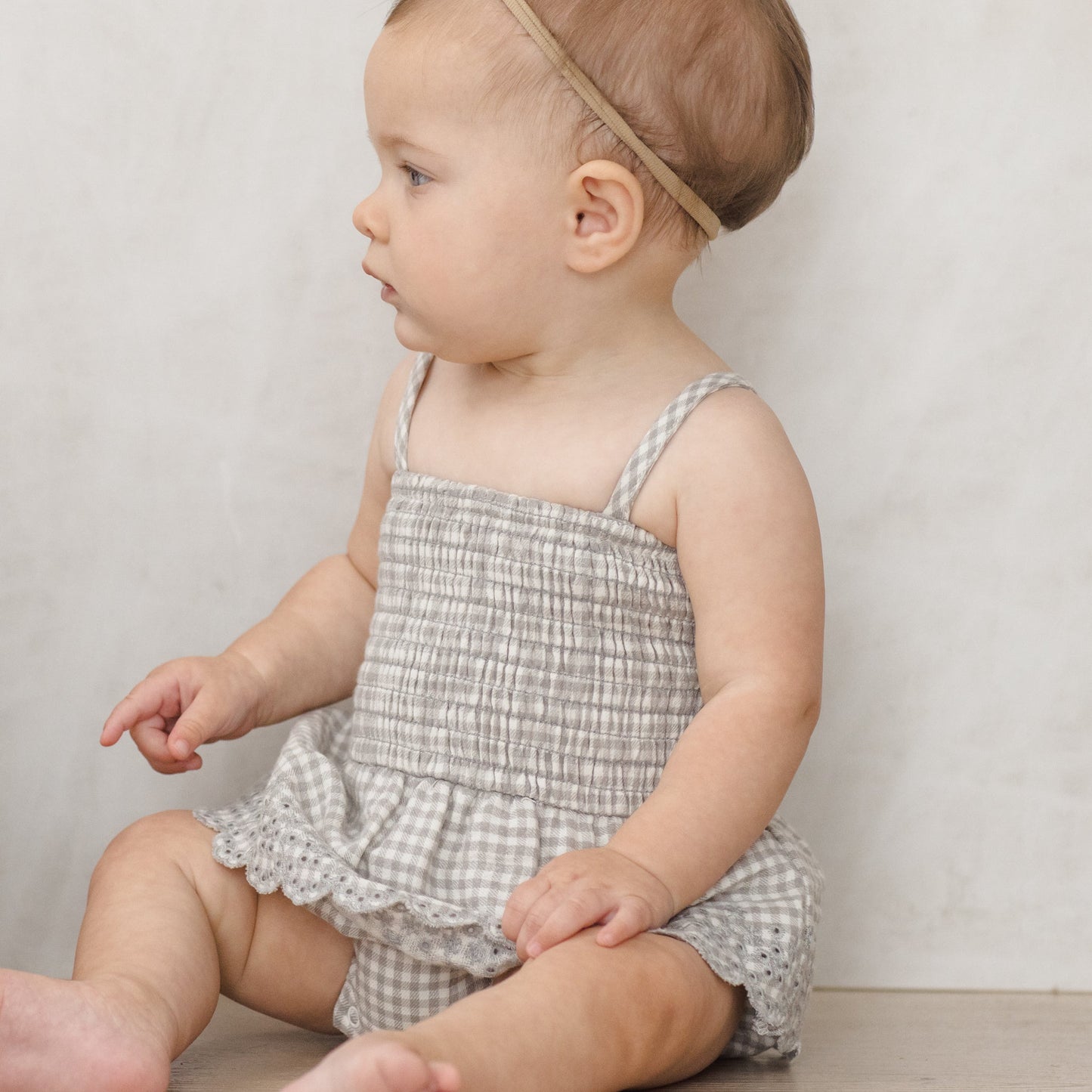 Sage Gingham Smocked Skirted Romper - Quincy Mae