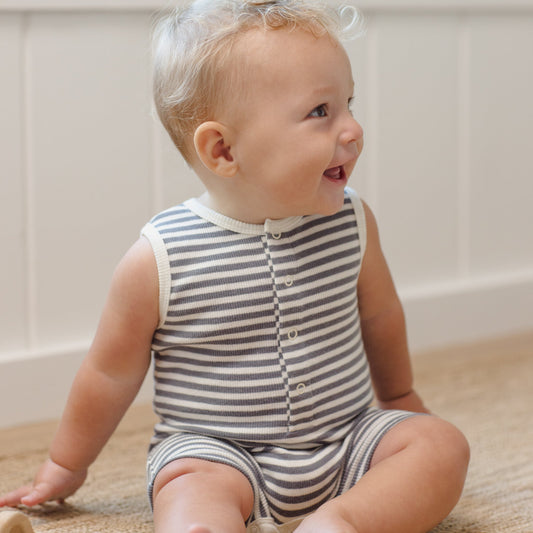 Ocean Stripe Ribbed Henley Romper - Quincy Mae