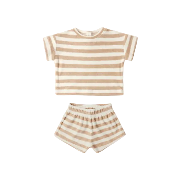 Latte Stripe Terry Tee + Shorts - Quincy Mae
