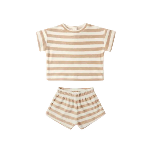 Latte Stripe Terry Tee + Shorts - Quincy Mae