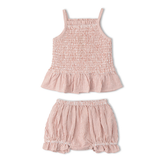 Coral Stripes Smocked Top & Bloomer Set - Makemake Organics