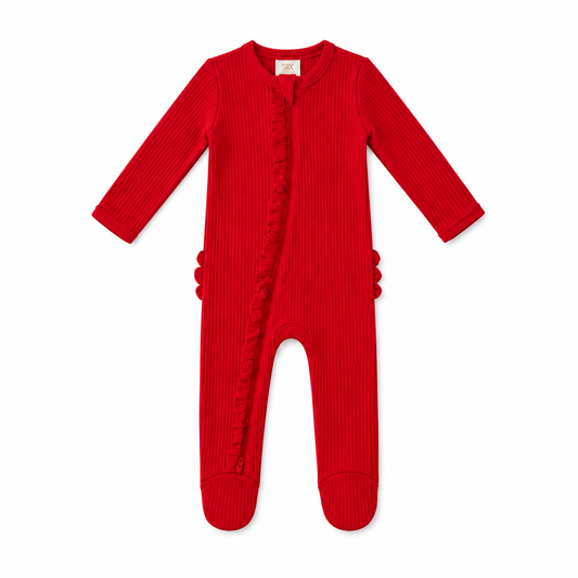 Red Ribbed Frill Footie - SIIX Collection