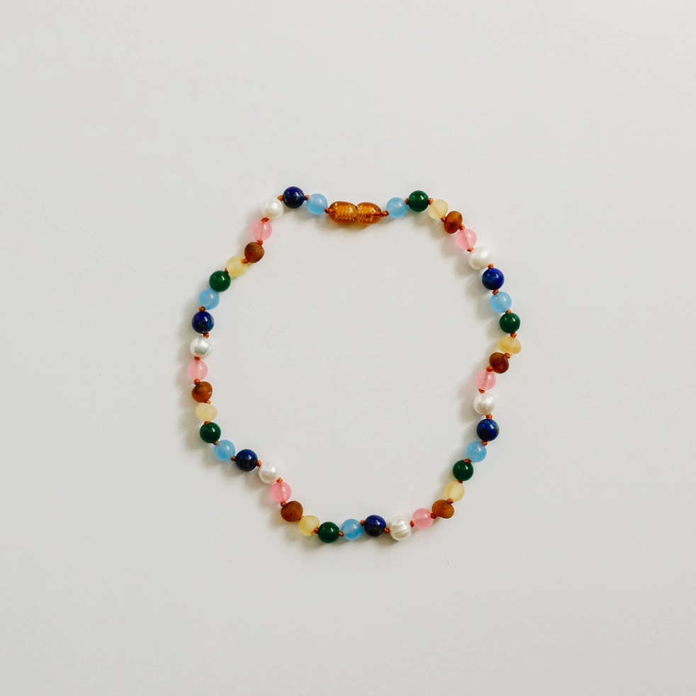 Raw Baltic Amber and Pearl Necklace + Sweet Pink Gemstones - CanyonLeaf