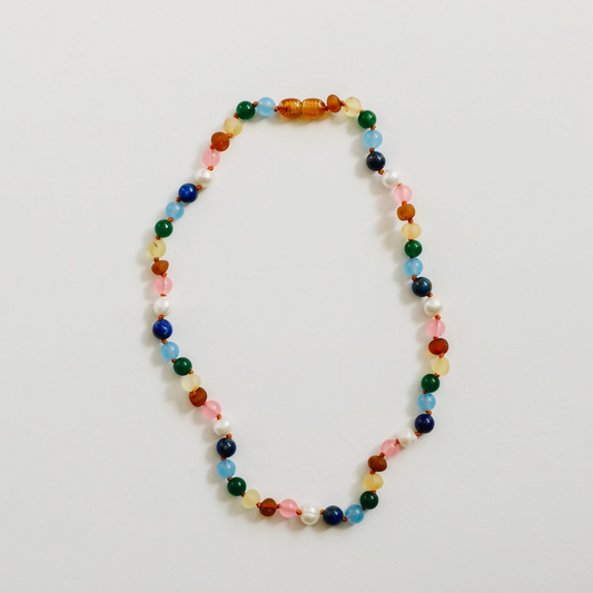 Raw Baltic Amber and Pearl Necklace + Sweet Pink Gemstones - CanyonLeaf