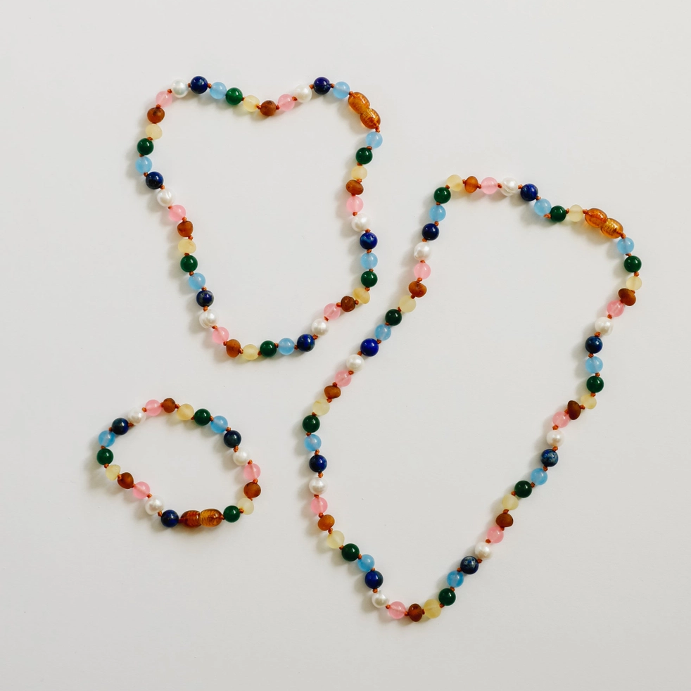 Raw Baltic Amber and Pearl Necklace + Sweet Pink Gemstones - CanyonLeaf