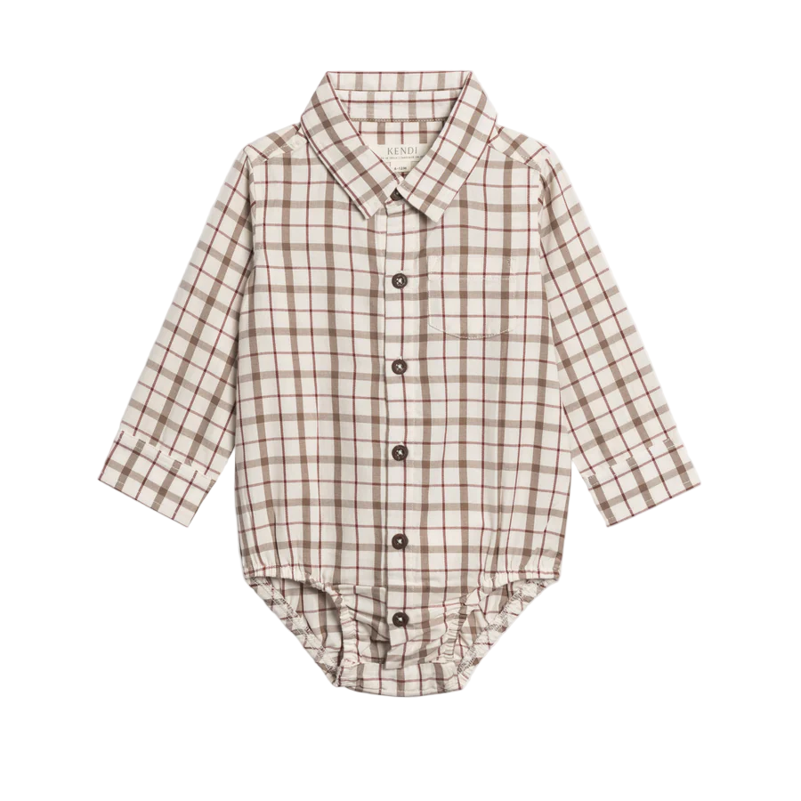 Taupe Plaid Earl Poplin Collar Bodysuit - Kendi