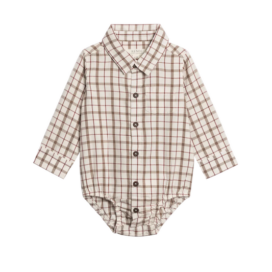 Taupe Plaid Earl Poplin Collar Bodysuit - Kendi