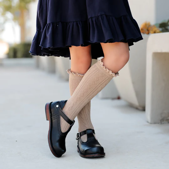 Oat Fancy Lace Top Knee High Socks - Little Stocking Co.