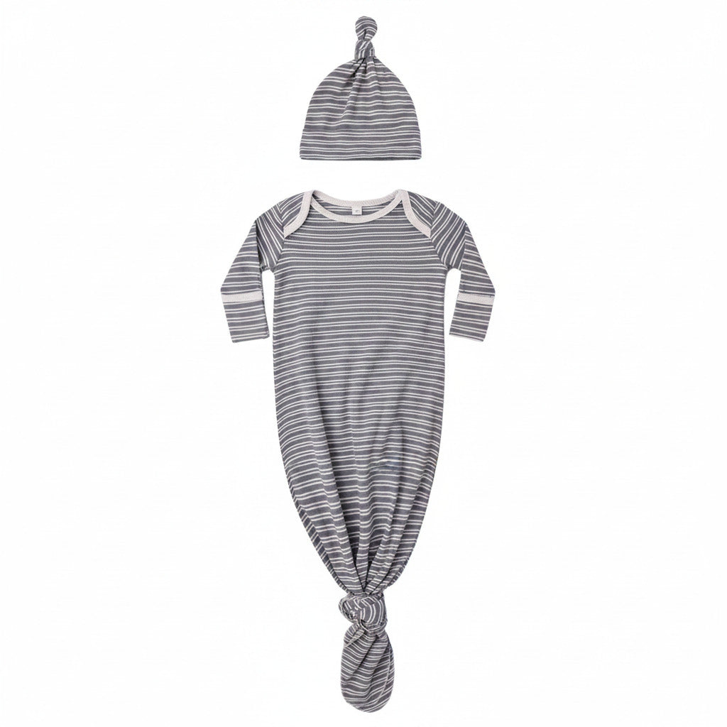 Slate Microstripe Knotted Gown + Hat Set - Quincy Mae