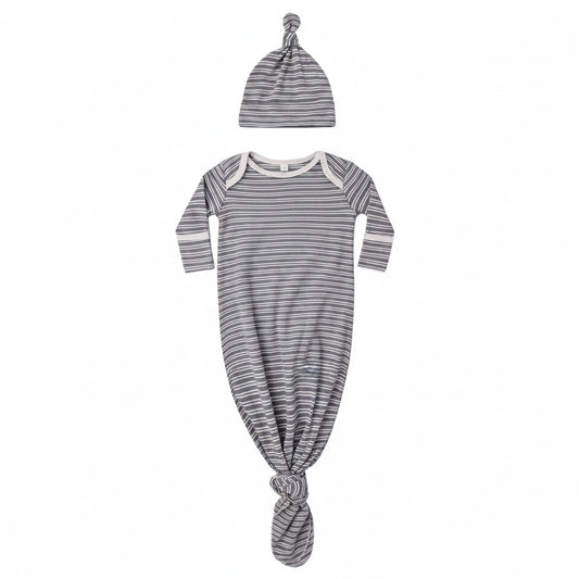 Slate Microstripe Knotted Gown + Hat Set - Quincy Mae