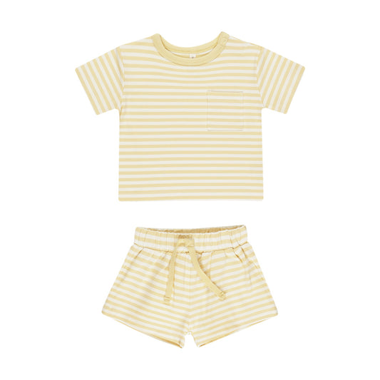 Yellow Stripe Pocket Tee + Short Set - Quincy Mae