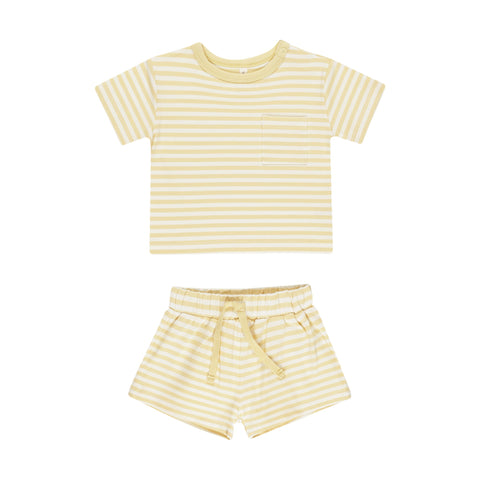 Yellow Stripe Pocket Tee + Short Set - Quincy Mae